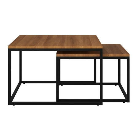 CorLiving Fort Worth Modern Brown Engineered Wood and Steel Square Nesting Coffee Table Set - Nesting Coffee Tables for Living Room - Square Coffee Tables Contemporary Design