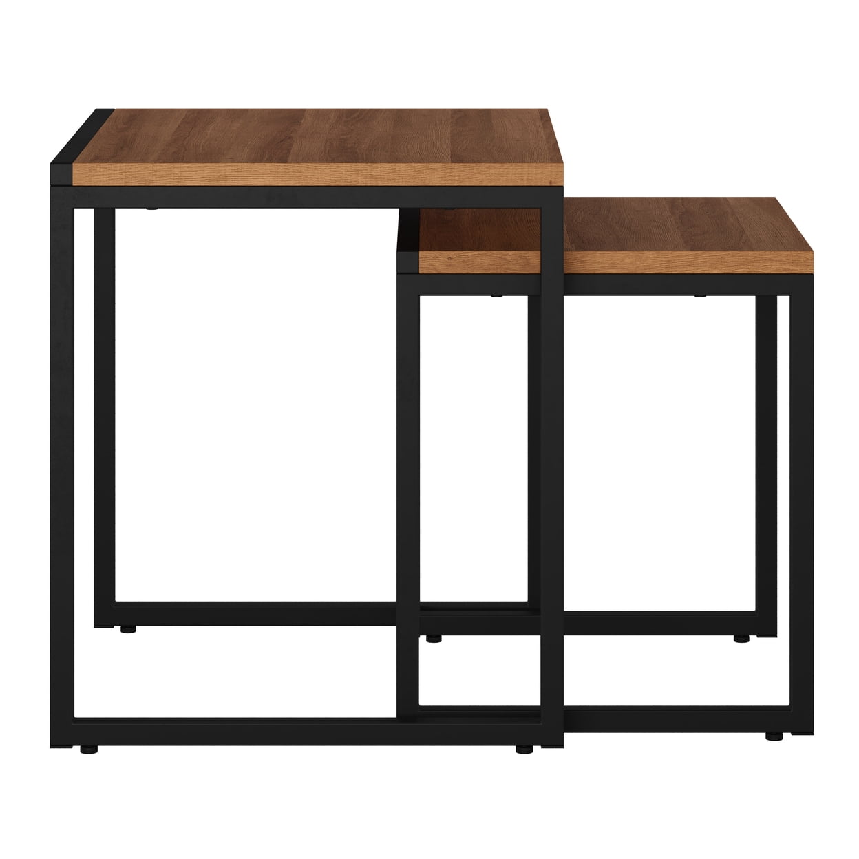 Set of 2 Brown Wood and Black Metal Square Nesting Side Tables