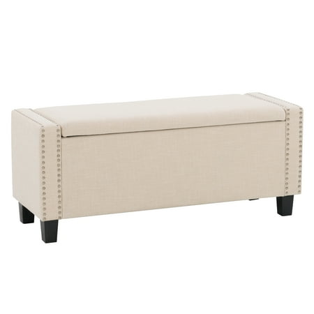CorLiving Hamptons Modern Polyester Upholstered Nailhead Trim Ottoman with Storage, Natural Linen