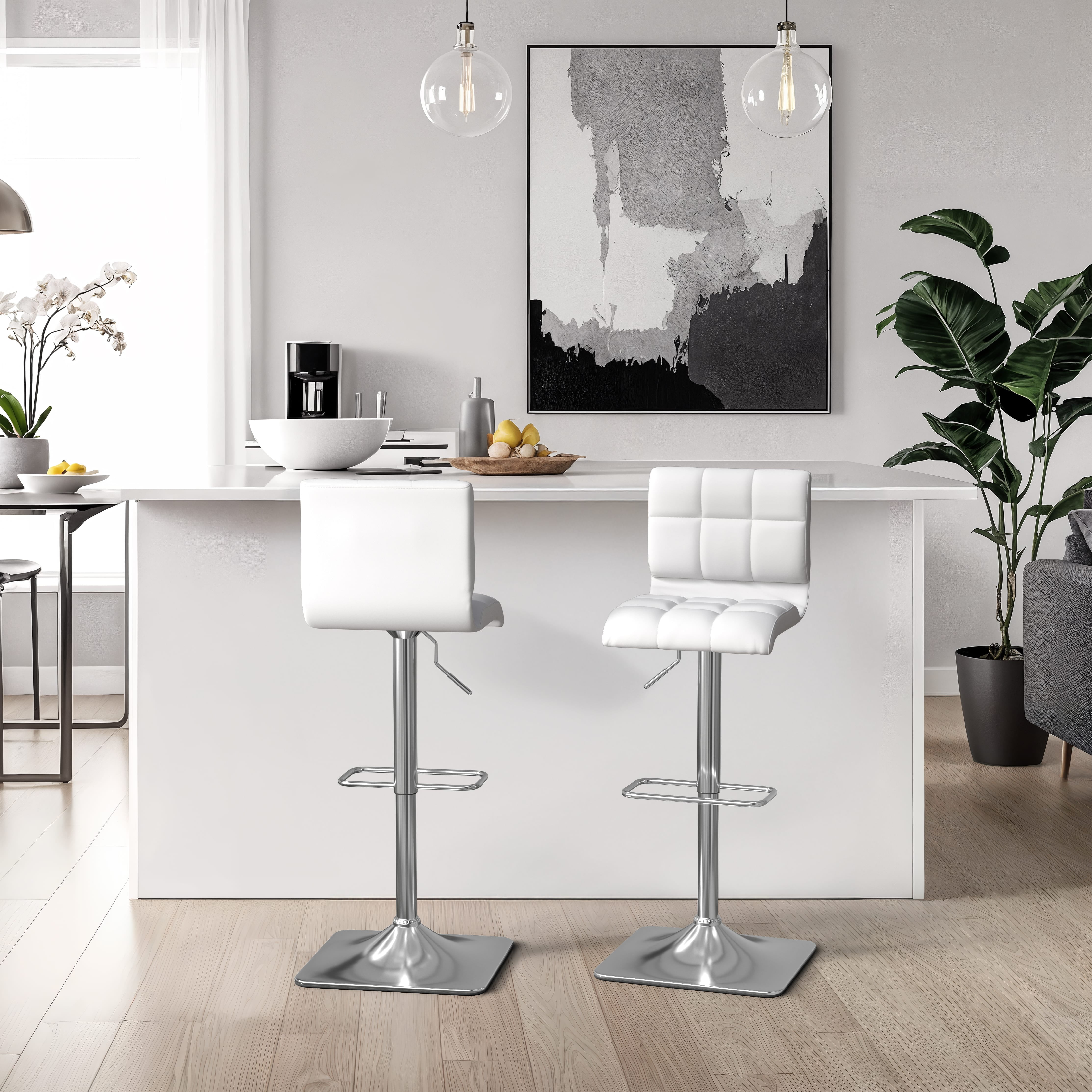 CorLiving Helix White Faux Leather Upholstered Adjustable Bar Stools ...