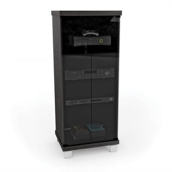CorLiving Holland Black Engineered Wood Tall Narrow Media Cabinet w/ Glass Doors