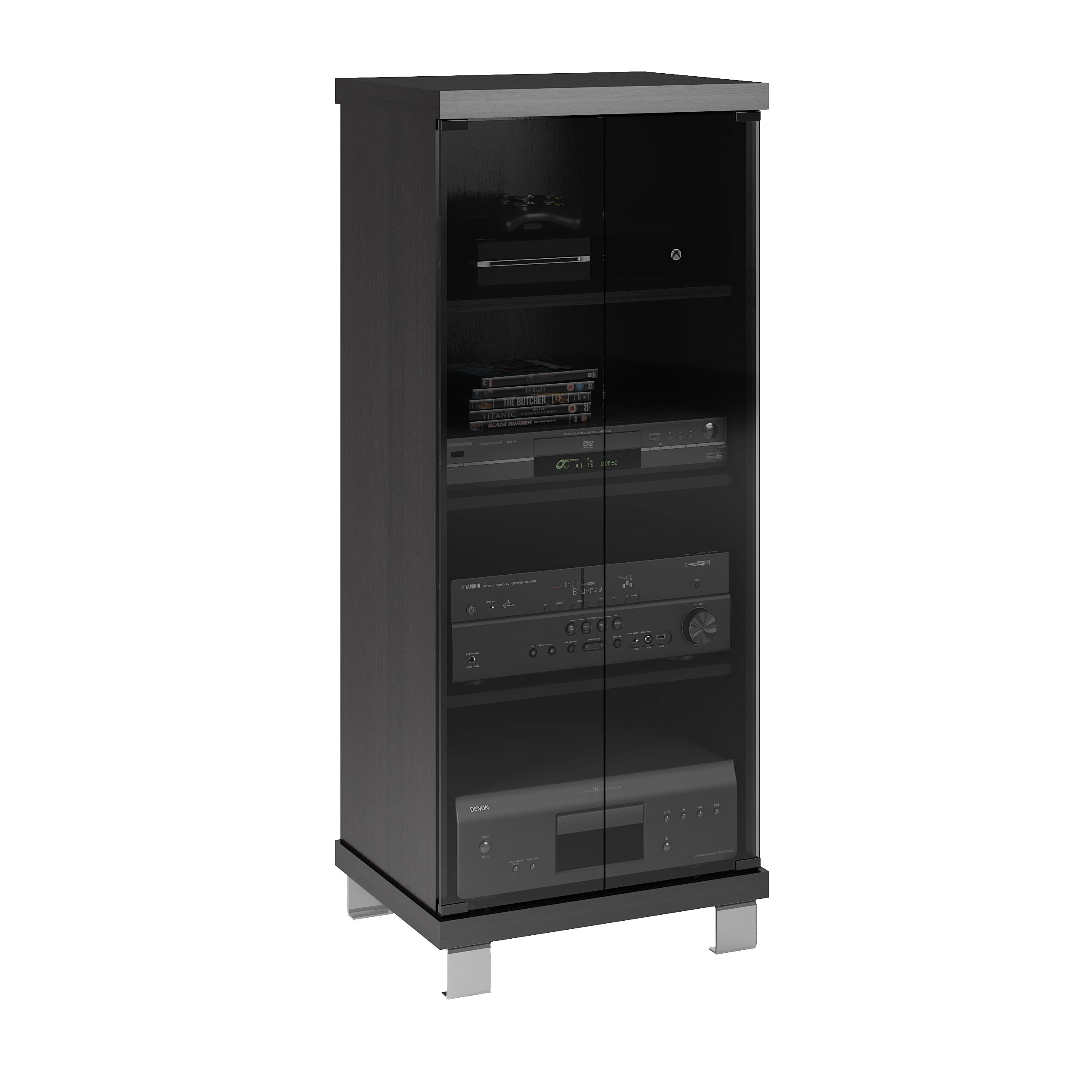 CorLiving Holland Black Engineered Wood Tall Narrow Media Storage Cabinet with Glass Doors - DVD ...