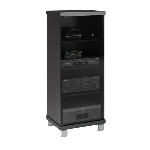 CorLiving Holland Black Engineered Wood Tall Narrow Media Storage Cabinet with Glass Doors - DVD Storage Shelves, CD Rack, Display Cabinet