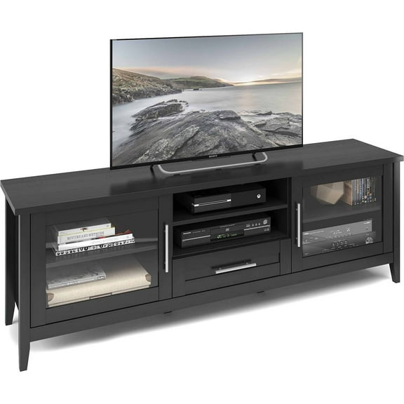 CorLiving Jackson Transitional Black Faux Wood TV Stand with Storage for Most TVs up to 85 Inch: Large Media Console Cabinet for Living Room, Long TV Console for 85 Inch Televisions