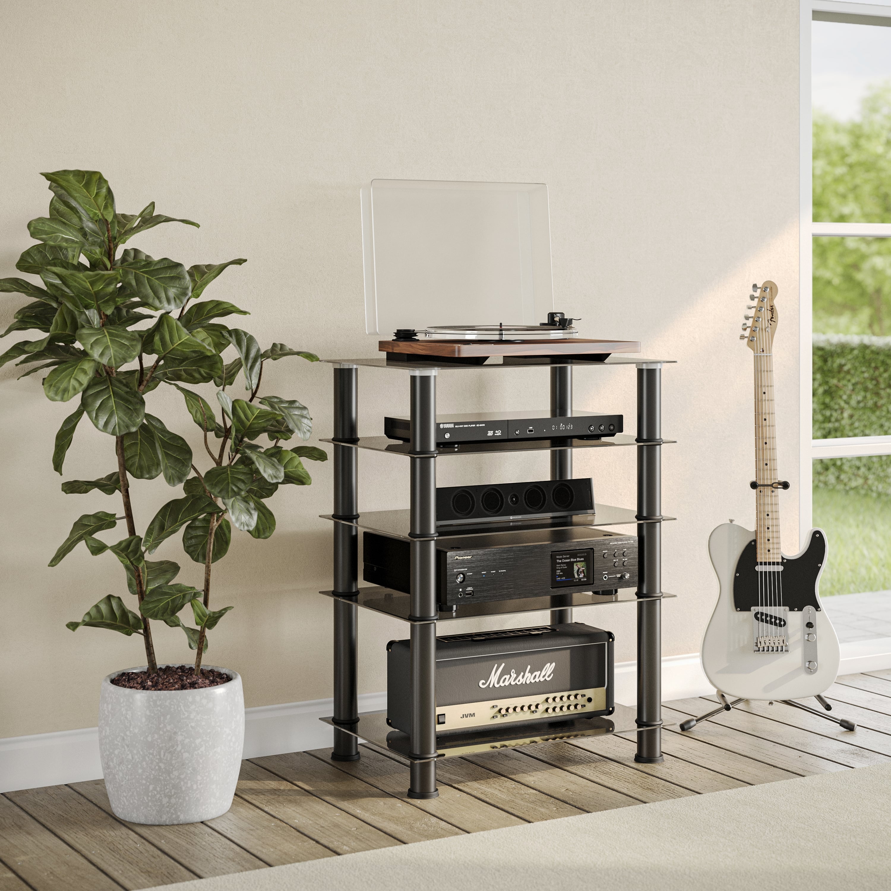 Black Tempered Glass and Metal 5-Tier Media Component Stand