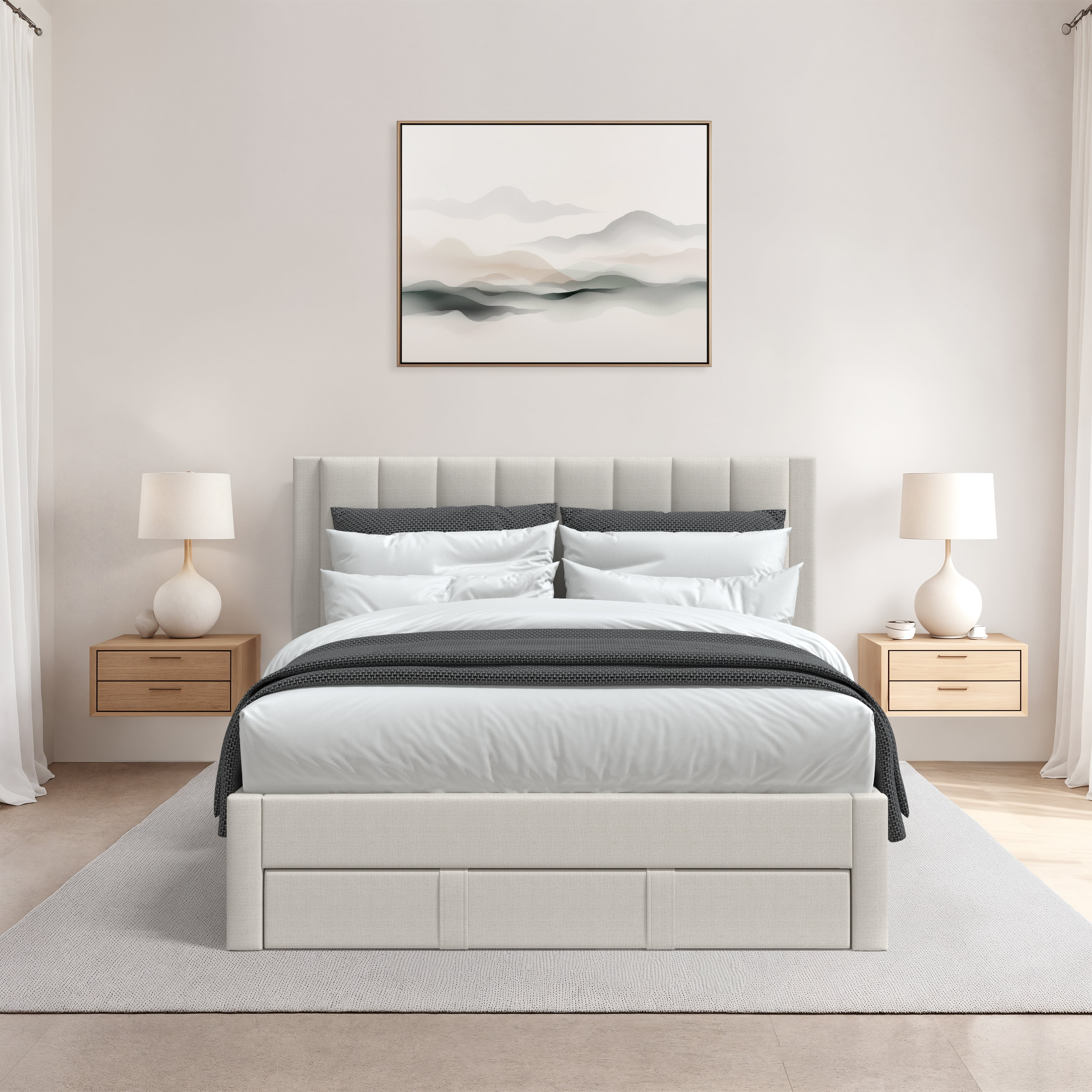 Beige Upholstered King Bed with Channel Tufted Headboard and Storage