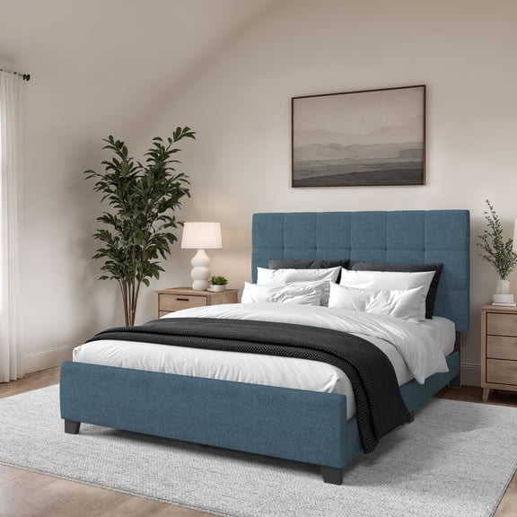 CorLiving Monroe Upholstered Adult Twin Size Platform Bed with Tufted Headboard and Wood Legs, No Box Spring Required, Blue