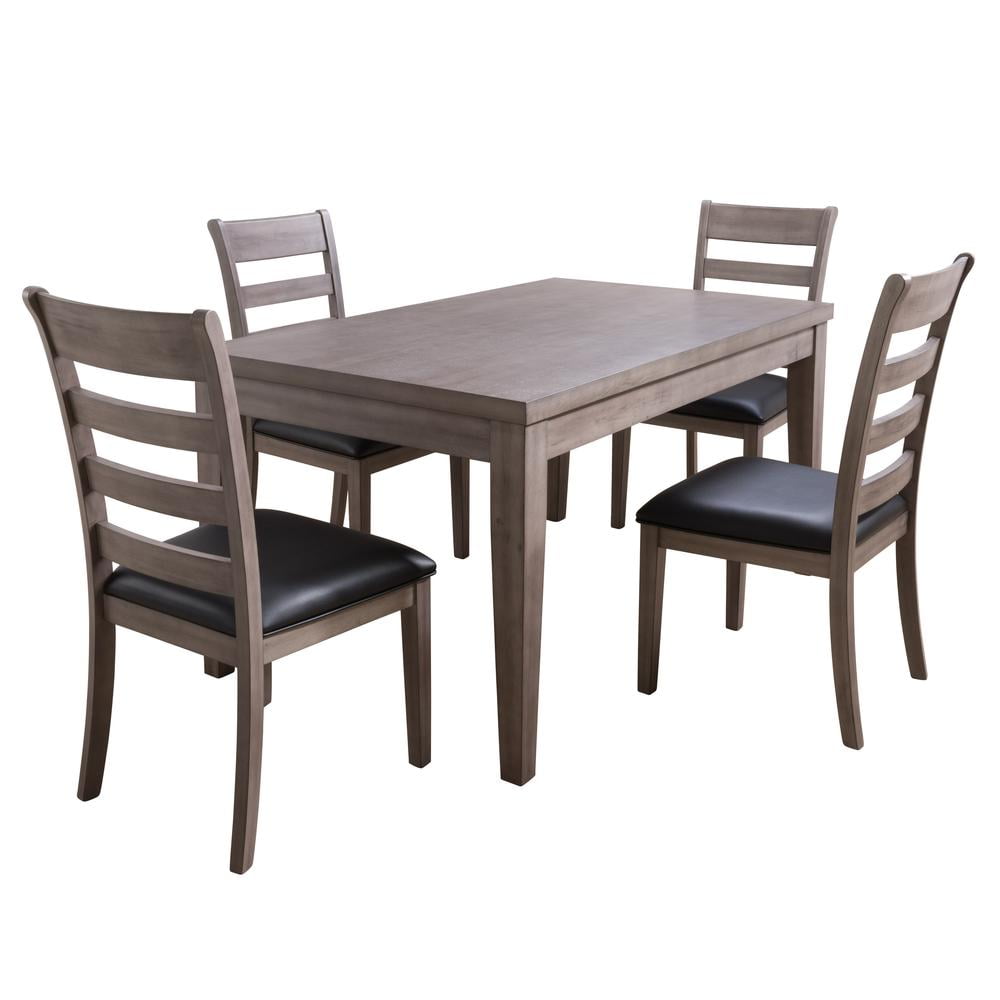Washed Gray Wood 5-Piece Dining Set with Black Cushioned Chairs