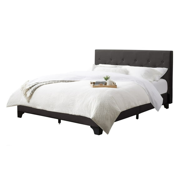 CorLiving Nova Ridge Luxurious Dark Gray Upholstered Queen Size Platform Bed Frame with Headboard - Platform Design, No Boxspring Required, Perfect for Queen Bed, Headboard and Frame Combination.