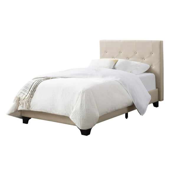 CorLiving Nova Ridge Luxurious Cream Upholstered Twin Size Platform Bed Frame with Headboard - Platform Design, No Boxspring Required, Perfect for Twin Bed, Headboard and Frame Combination.