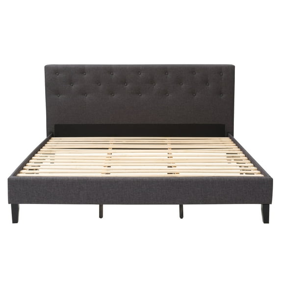 CorLiving Nova Ridge Luxurious Dark Gray Upholstered King Size Platform Bed Frame with Headboard - Platform Design, No Boxspring Required, Perfect for King Bed, Headboard and Frame Combination.