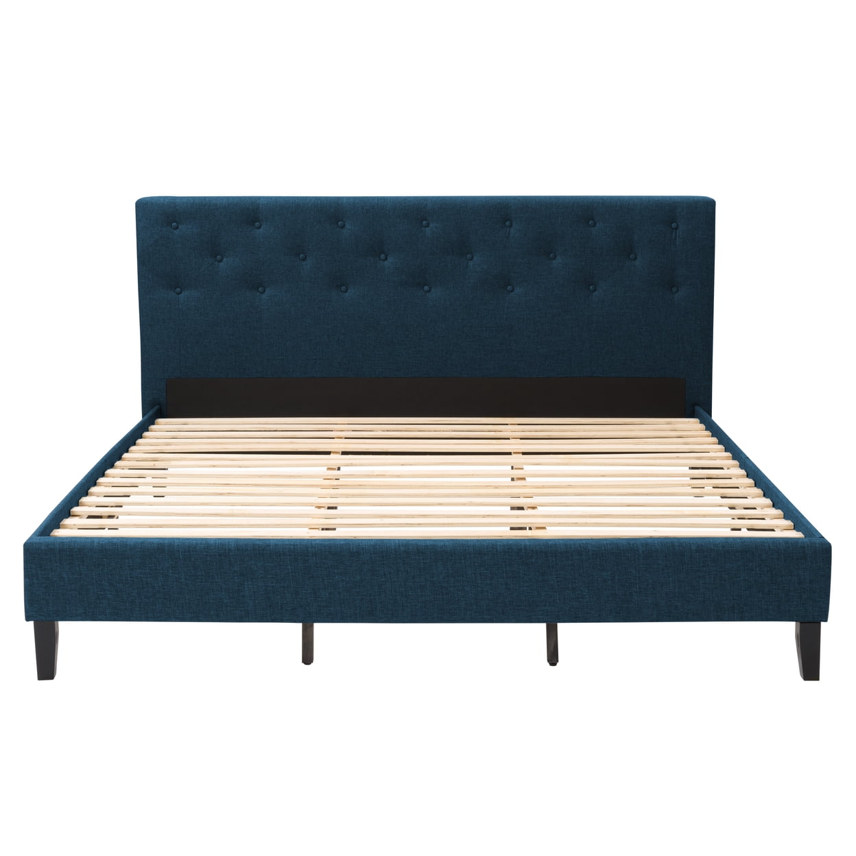 King-Sized Ocean Blue Tufted Upholstered Bed with Wooden Frame