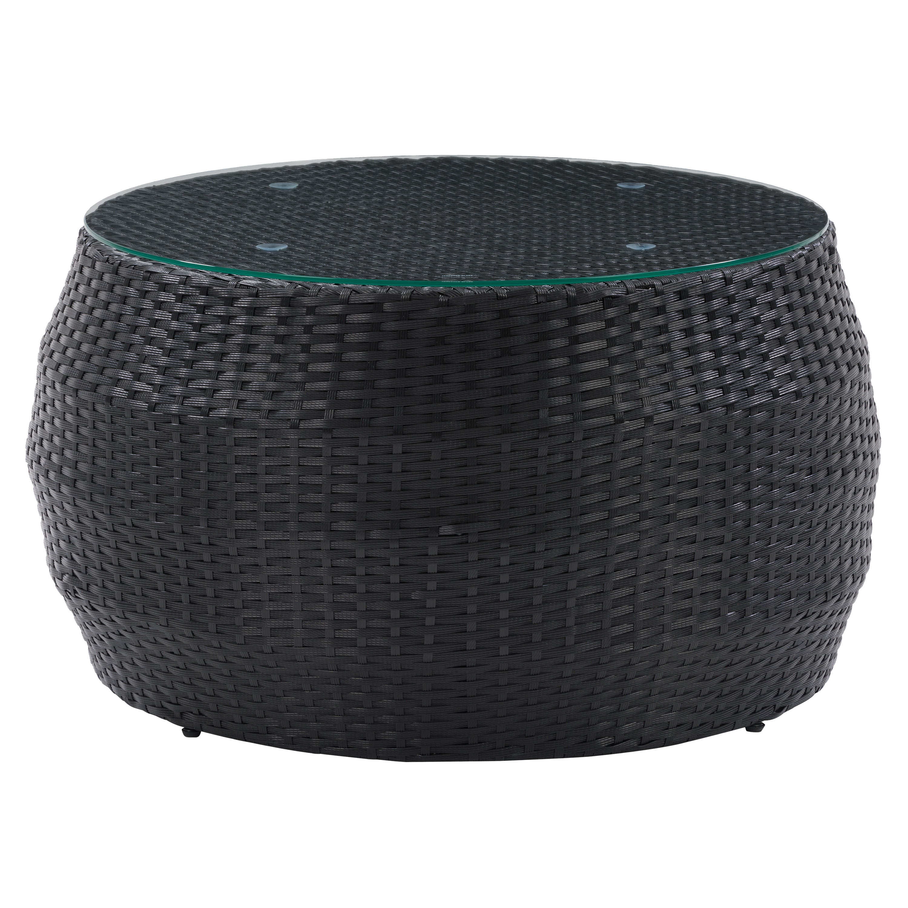 CorLiving Parksville Black Rattan Outdoor Coffee Table Round with Glass Top for Patio, Balcony, and Backyard - Small Outdoor Table