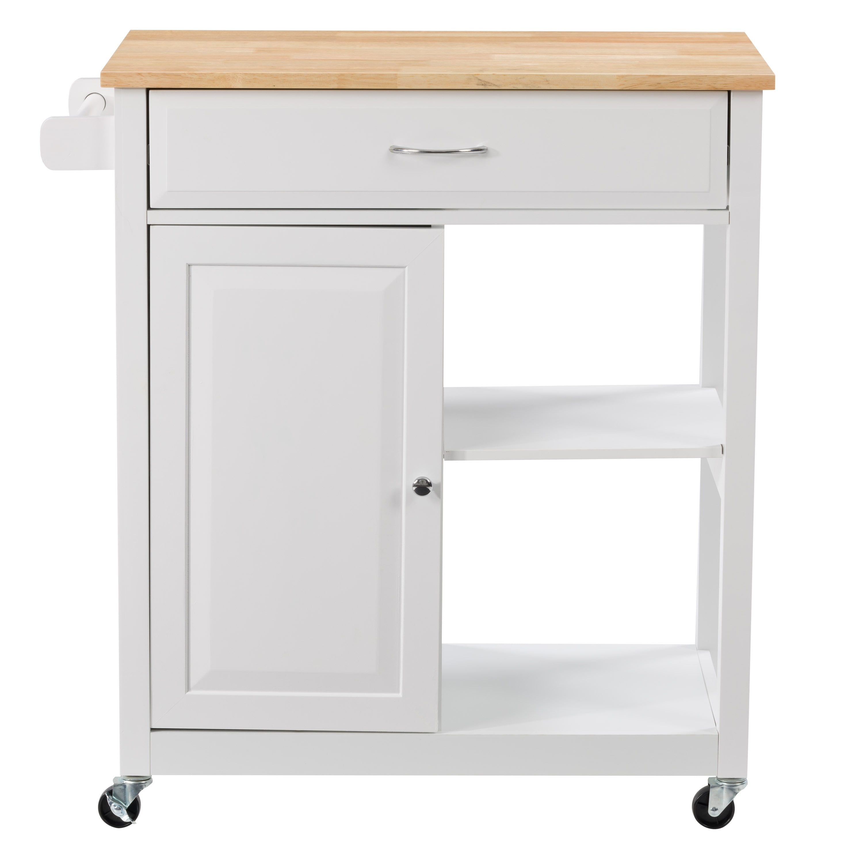 White Pinewood Kitchen Cart with Storage and Wheels