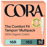 Cora 100% Organic Cotton Applicator Tampons, 16 Regular / 16 Super, 32 Count