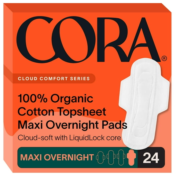 Cora 100% Organic Cotton Topsheet Maxi Pads | Maxi Period Pads with Wings | Maxi Overnight Absorbency | Unscented, Comfortable, Powerfully Absorbent, Leak Protection (24 Count)