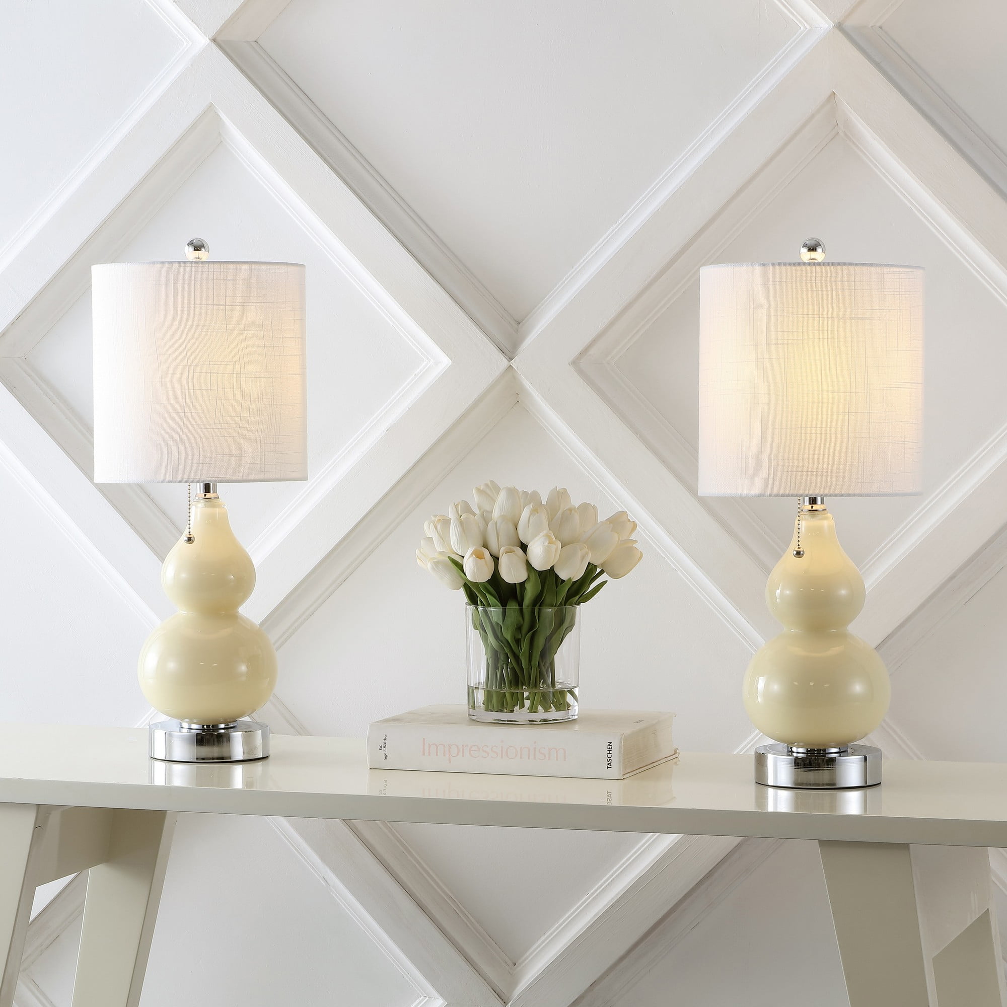 22" Cream Linen Drum Shade LED Table Lamp Set with USB Port
