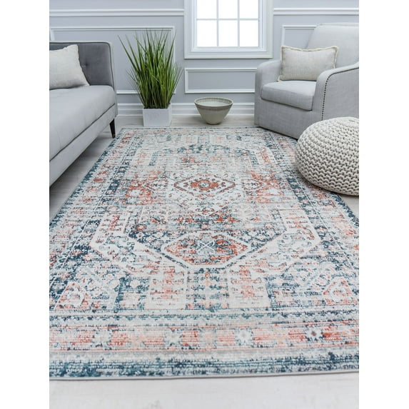 Cora CL55A Symphony Blue Transitional Vintage Rust Area Rug, 2'6" x 8'
