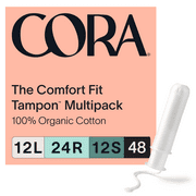 Cora Compact Applicator Tampons, 100% Organic Cotton, 12 Light/24 Regular/12 Super, 48 Count