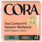 Cora 100% Organic Cotton Applicator Tampons, 16 Super / 16 Super Plus, 32 Count