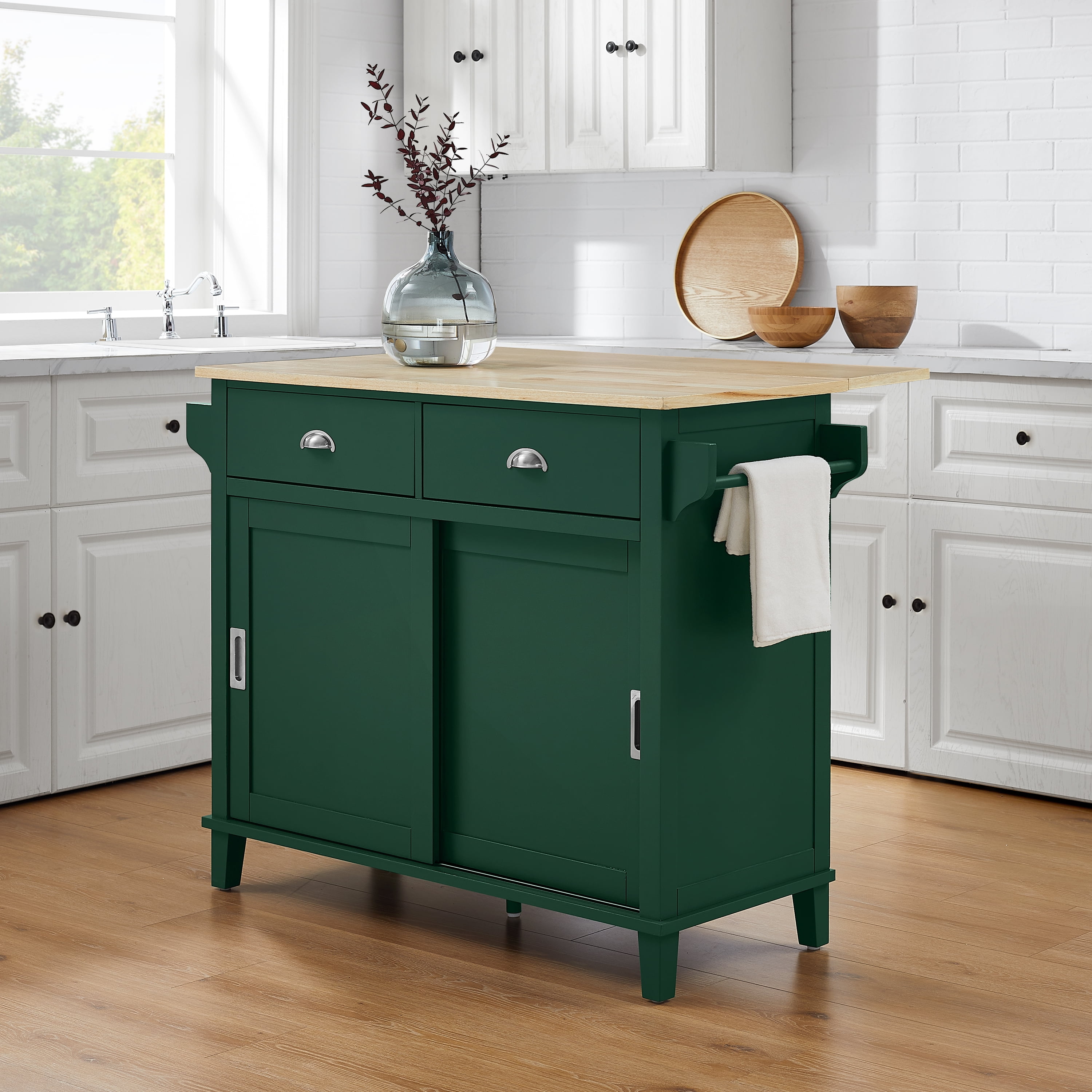 Emerald and Natural Wood Drop Leaf Kitchen Island