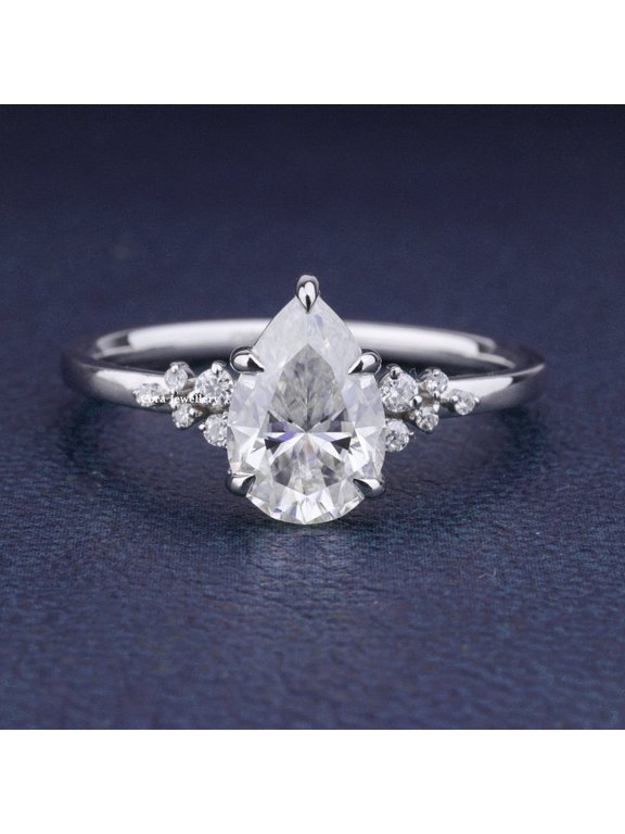 1.25TCW Snow Drift Pear Moissanite Engagement Ring for Women, 14K White Gold Plating Over Silver, D Color VVS1 Clarity