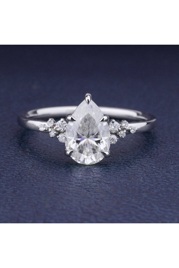 1.25TCW Snow Drift Pear Moissanite Engagement Ring for Women, 14K White Gold Plating Over Silver, D Color VVS1 Clarity