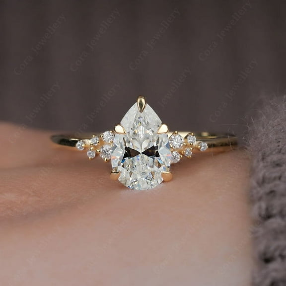Cora Jewellery 1.25TCW Snow Drift Pear Moissanite Engagement Ring for Women, 10K Yellow Gold, 5 US