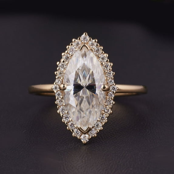 Cora Jewellery 1.5 CT Marquise Moissanite Halo Engagement Ring For Women, 18K Yellow Gold