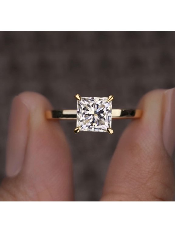 1.5CT Princess Moissanite Hidden Halo Engagement Ring for Women, 10K Yellow Gold, 8 US