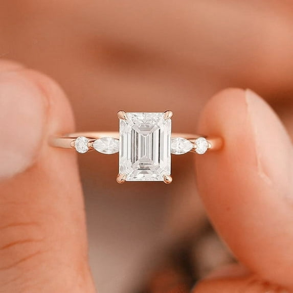 Cora Jewellery 1.55CT Dainty Emerald Moissanite Engagement Ring For Women, 18K Rose Gold