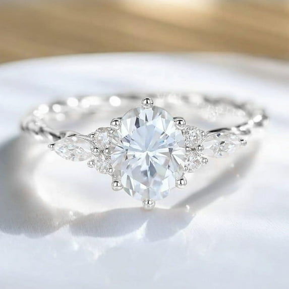 Cora Jewellery 1.58TCW Unique Oval Moissanite Engagemet Ring For Women, 10K White Gold, 12 US