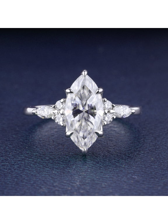 1.5CT Marquise Moissanite Diamond Engagement Ring For Women, 14K White Gold Plating Over Silver, D Color VVS1 Clarity