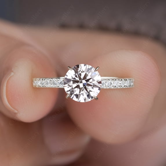 Cora Jewellery 1.5CT Round Moissanite Engagement Ring For Women, 10K White Gold, 4 US