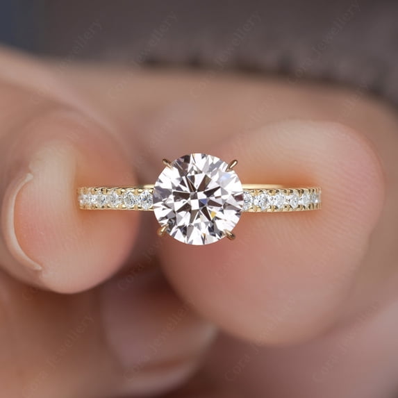 Cora Jewellery 1.5CT Round Moissanite Engagement Ring For Women, 10K Yellow Gold, 3.5 US