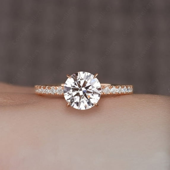 Cora Jewellery 1.5CT Round Moissanite Hidden Halo Engagement Ring For Women, 14K Rose Gold