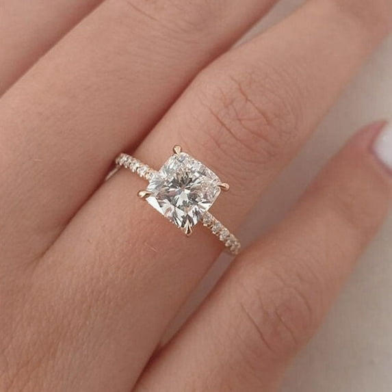 Cora Jewellery 1.8CT Cushion Moissanite Hidden Halo Engagement Ring For Women, 14K Rose Gold