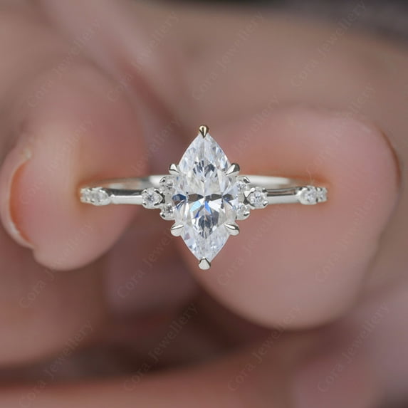 Cora Jewellery 1CT Marquise Moisanite Art Deco Engagement Ring For Women, 18K White Gold