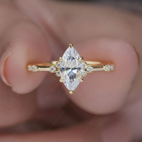 Cora Jewellery 1CT Marquise Moisanite Art Deco Engagement Ring For Women, 18K Yellow Gold