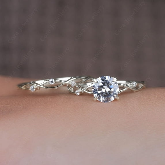 Cora Jewellery 1CT Round MoissaniteTwig Engagement Ring Set For Women, 14K White Gold