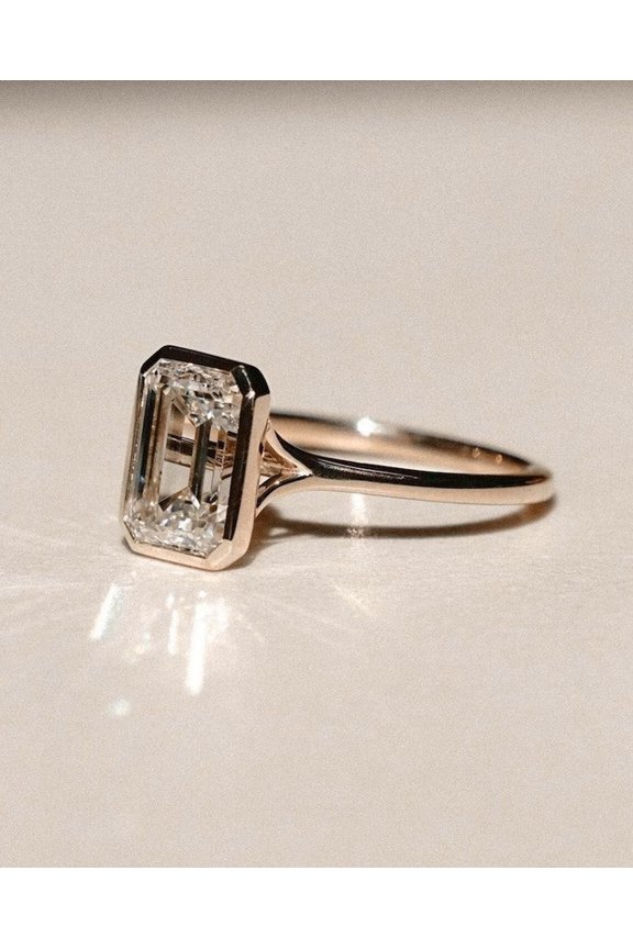 2.25CT Bezel Set Emerald Cut Moissanite Engagement Ring For Women, 10K Rose Gold