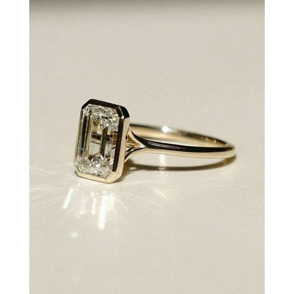 Cora Jewellery 2.25CT Bezel Set Emerald Cut Moissanite Engagement Ring For Women, 14K Yellow Gold