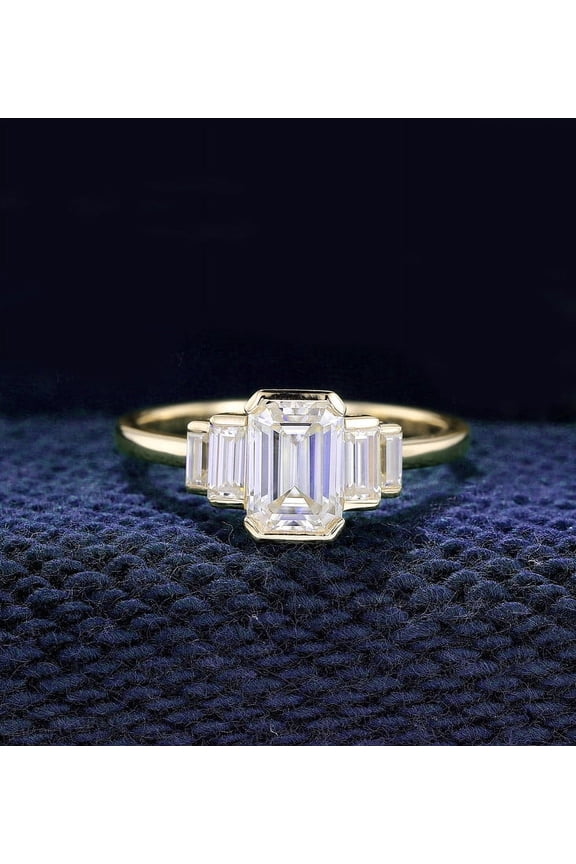 2.25CT Emerald cut Moissanite 5 Stone Engagement Ring For Women, 18K Yellow Gold