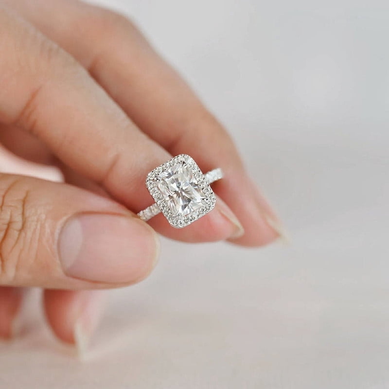 Cora Jewellery 2.5CT Radiant Moissanite Halo Engagement Ring For Women, 18K White Gold