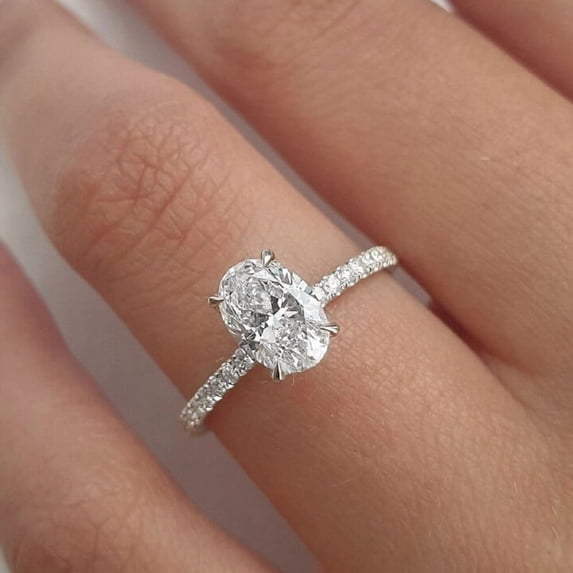 Cora Jewellery 2.65CT Oval Moissanite Solitaire Hidden Halo Engagement Ring For Women, 10K White Gold
