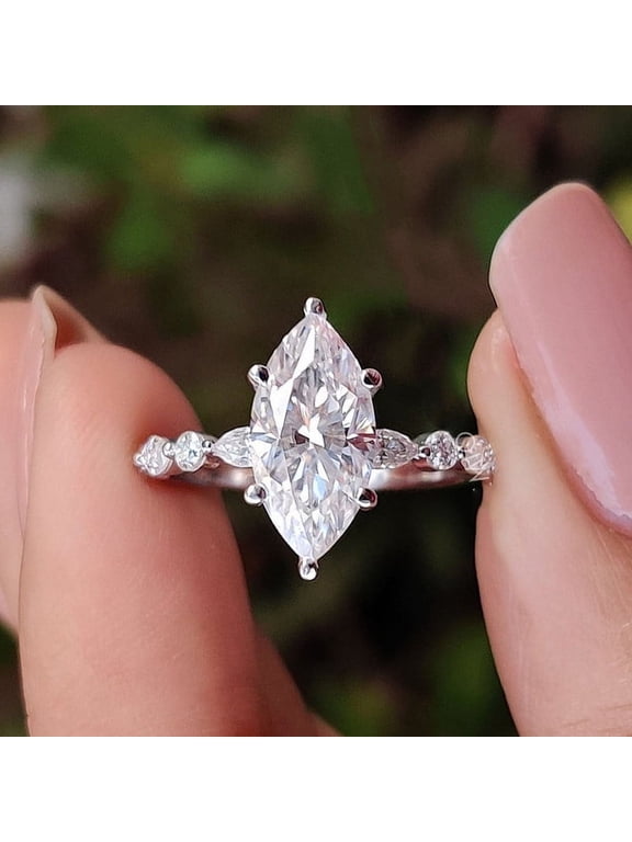 2.75CT Marquise Moissanite Hidden Halo Engagement Ring For Women, 10K White Gold