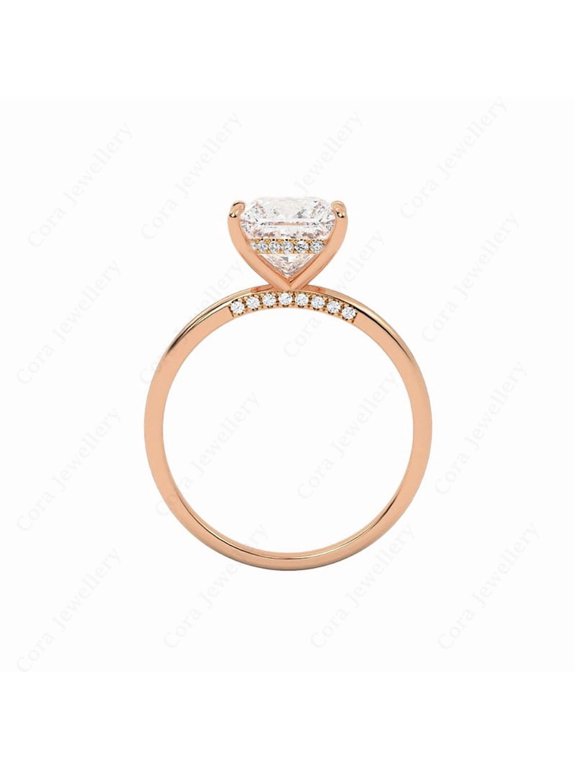 2CT Bridge Diamond Cushion Moissanite Hidden Halo Engagement Ring For Women, 14K Rose Gold