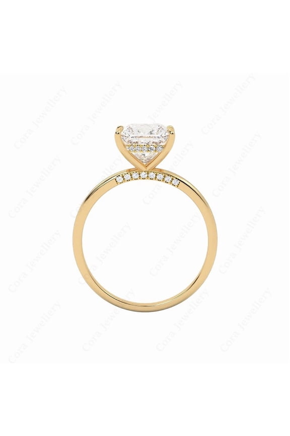 2CT Bridge Diamond Cushion Moissanite Hidden Halo Engagement Ring For Women, 14K Yellow Gold
