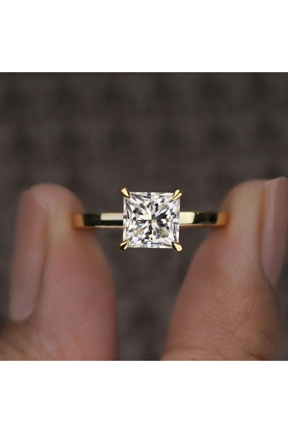 2CT Cathedral Setting Princess Moissanite Solitaire Engagement Ring For Women, 14K Yellow Gold