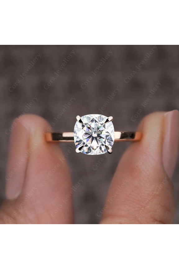 2CT Cushion Moissanite Bridge Diamond Hidden Halo Engagement Ring For Women, 14K Rose Gold